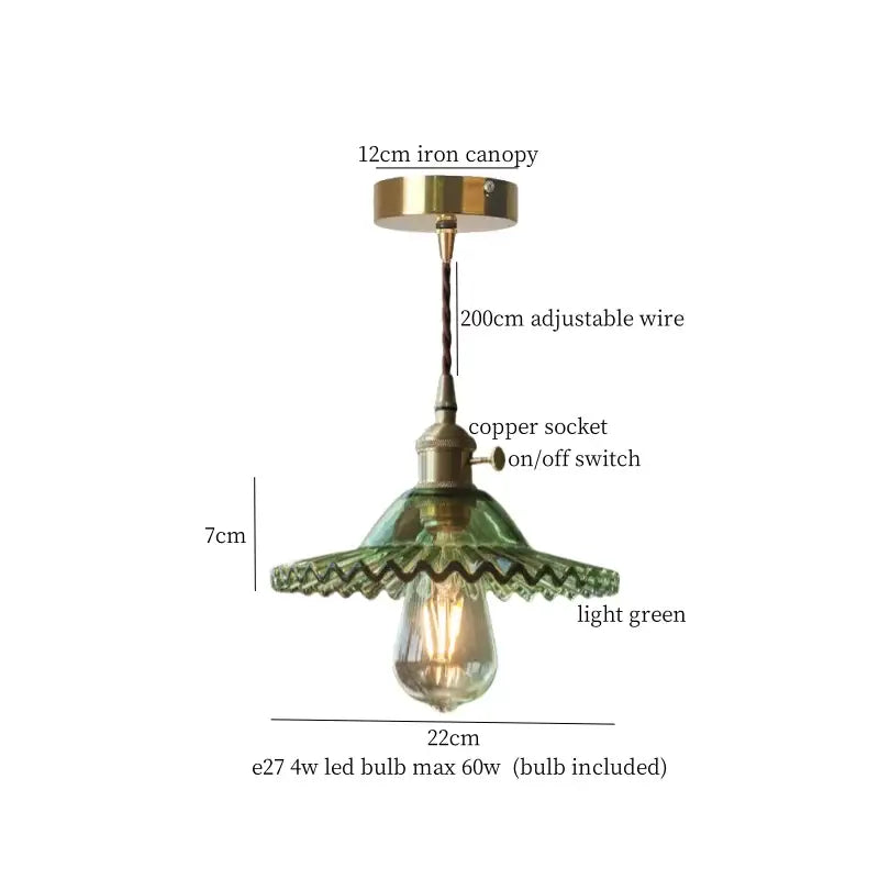 Vintage brass pleated led pendant lights with light green scalloped glass shade and brass-toned metal canopy for dining room