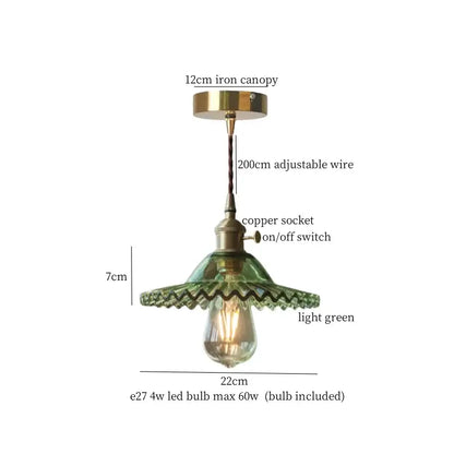 Vintage brass pleated led pendant lights with light green scalloped glass shade and brass-toned metal canopy for dining room
