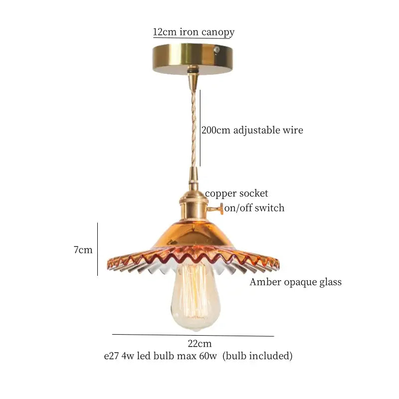 Vintage brass pleated led pendant lights with brass canopy copper socket and scalloped amber glass shade for dining room decorbites brass pleated