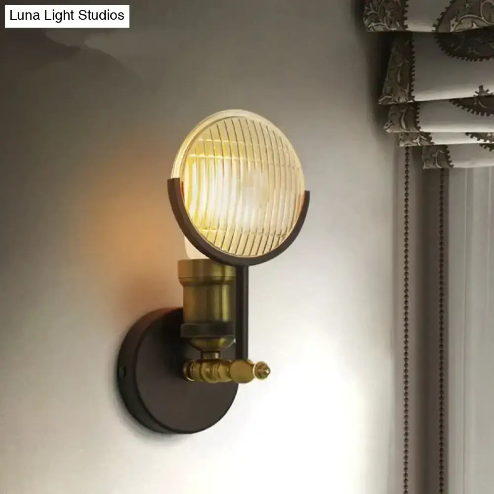 Vintage brass ribbed glass led wall lamp sconce with amber tinted globe for bedroom lighting