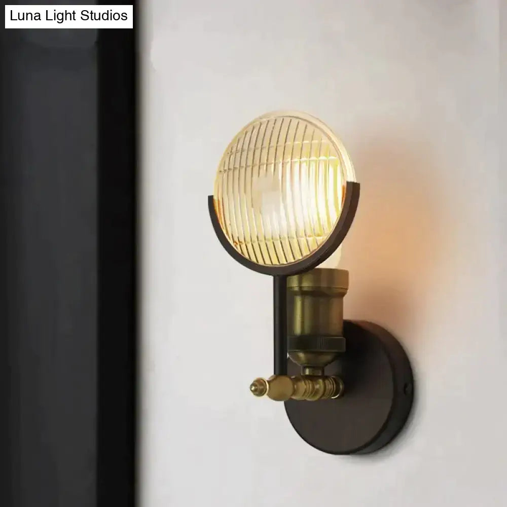 Vintage brass ribbed glass led wall lamp sconce with warm light for bedroom featuring a brass metal frame