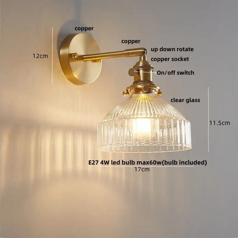 Vintage brass wall lamp with clear ribbed glass pull chain shade and adjustable copper arm for living room use