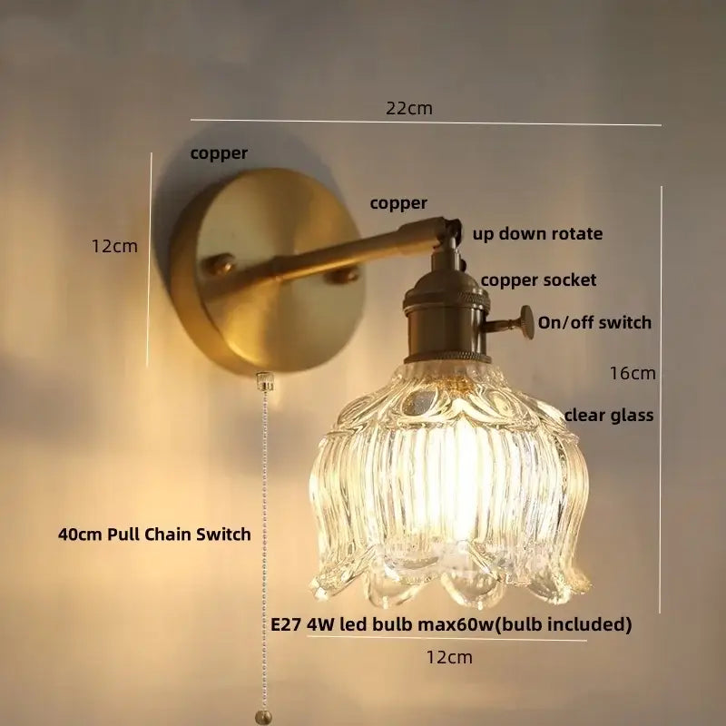 Antique brass wall lamp with ribbed glass pull chain shade and 40cm pull chain led switch for living room use