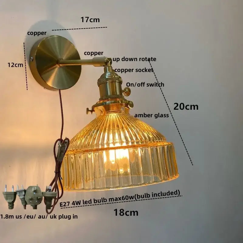 Vintage brass wall lamp with amber ribbed glass pull chain shade for living room with pull chain led lighting