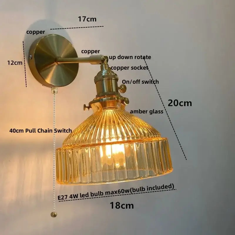 Vintage brass wall lamp with ribbed amber glass pull chain shade and included pull chain led switch for living room use