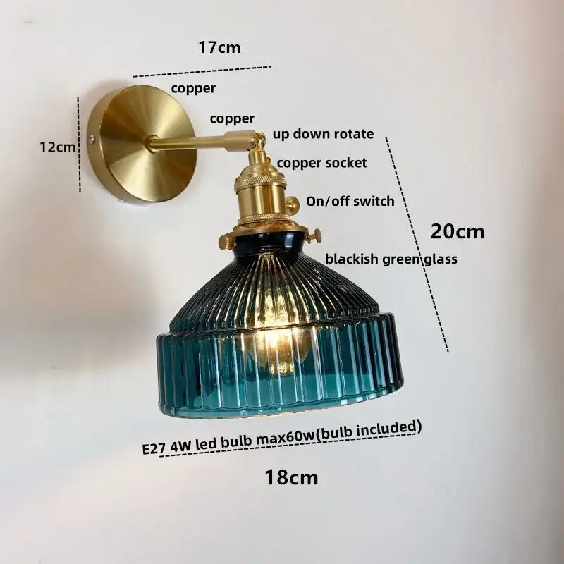 Vintage brass wall lamp with ribbed blackish green glass pull chain shade and copper arm for living room lighting