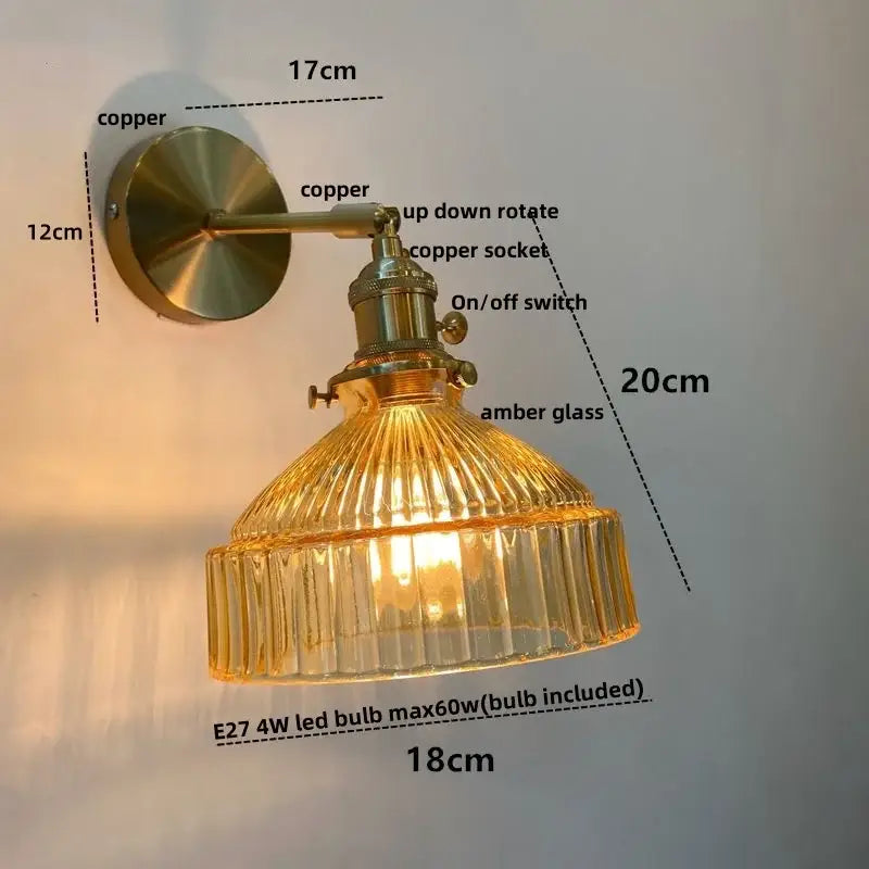 Vintage brass wall lamp with copper finish and ribbed amber glass pull chain shade for living room lighting