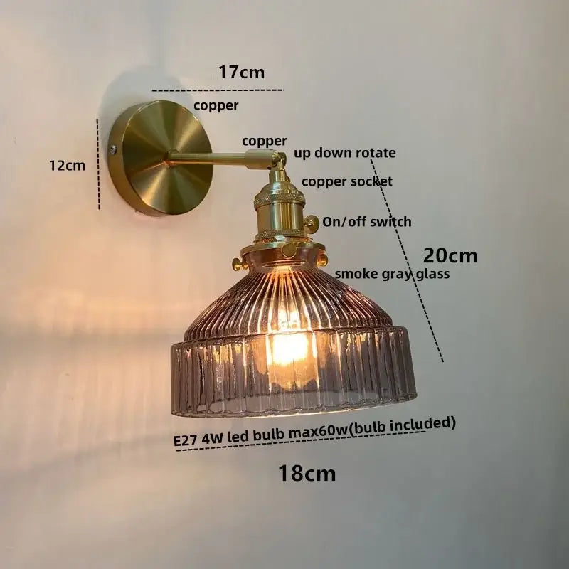 Vintage brass wall lamp with copper arm and ribbed smoke gray glass pull chain led shade for living room use