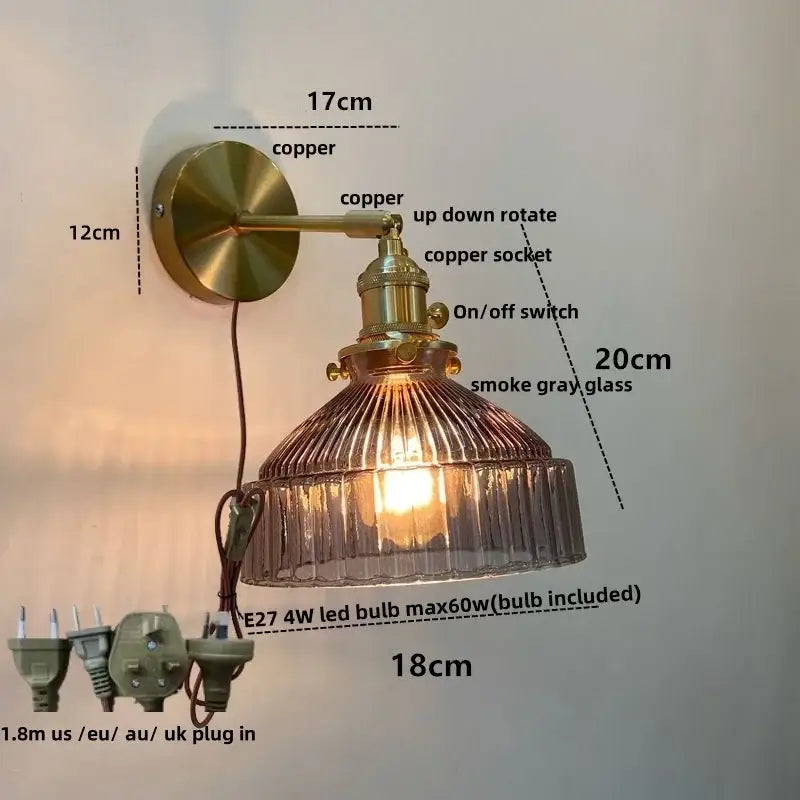 Vintage brass wall lamp with copper finish ribbed smoke gray glass pull chain led for living room lighting