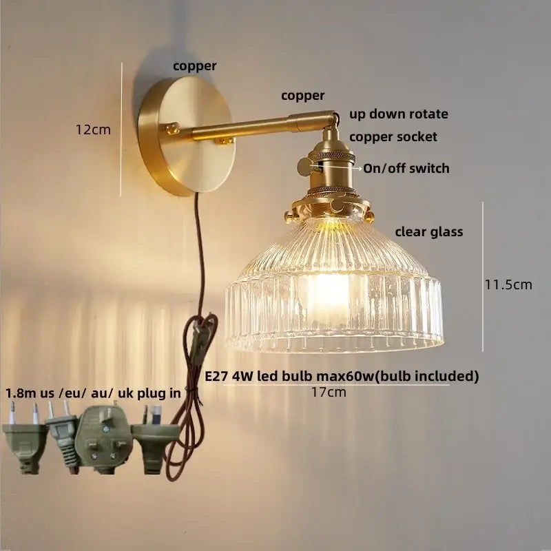 Vintage brass wall lamp with a ribbed glass pull chain shade featuring a pull chain led for living room use