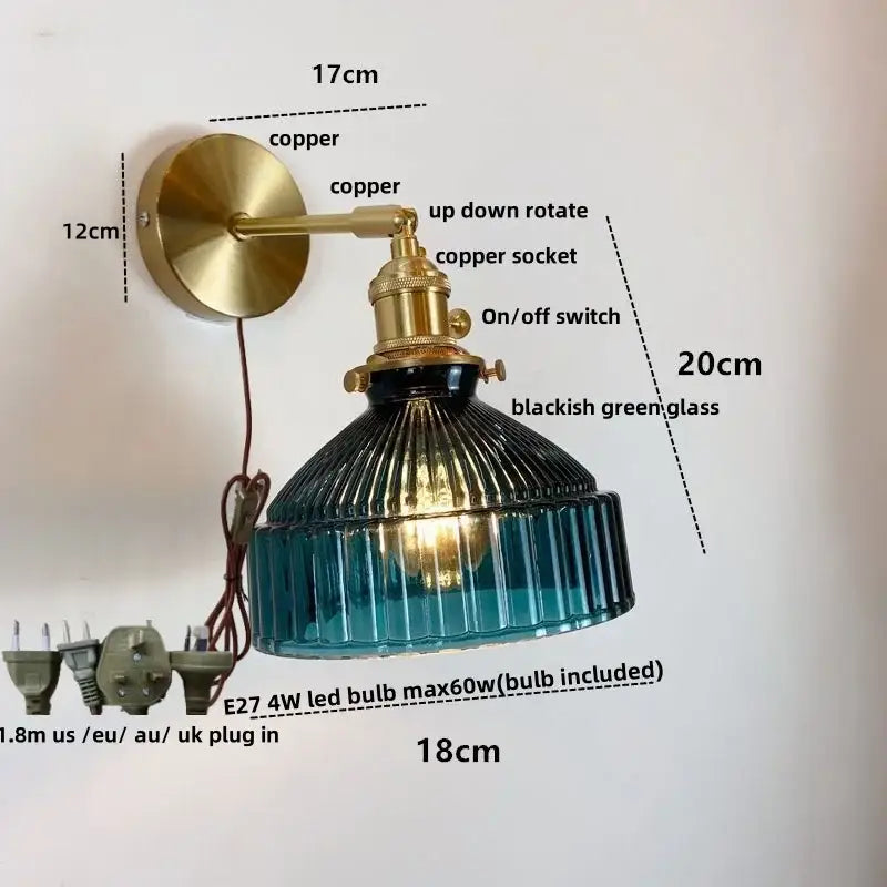 Vintage brass wall lamp with ribbed blackish green glass pull chain and copper arm for living room lighting