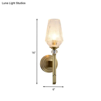 Vintage brass ribbed glass wall light with antique brass finish textured frosted glass shade and crystal accent bead inches fixture