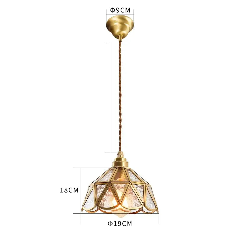 Vintage brass scalloped glass led pendant lamp with geometric faceted shade and twisted cord suspension for bedroom lighting
