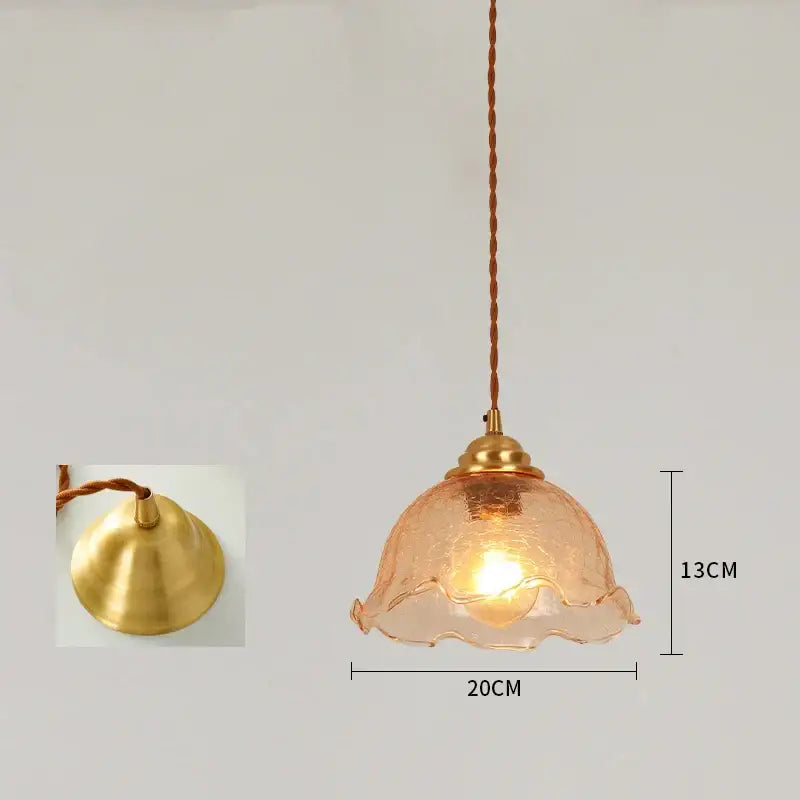Vintage brass scalloped glass led pendant lamp with delicate peach-colored ruffled edges for bedroom lighting