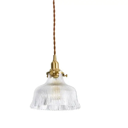 Vintage brass scalloped glass led pendant lamp featuring clear ribbed glass and twisted brown cord for bedroom lighting