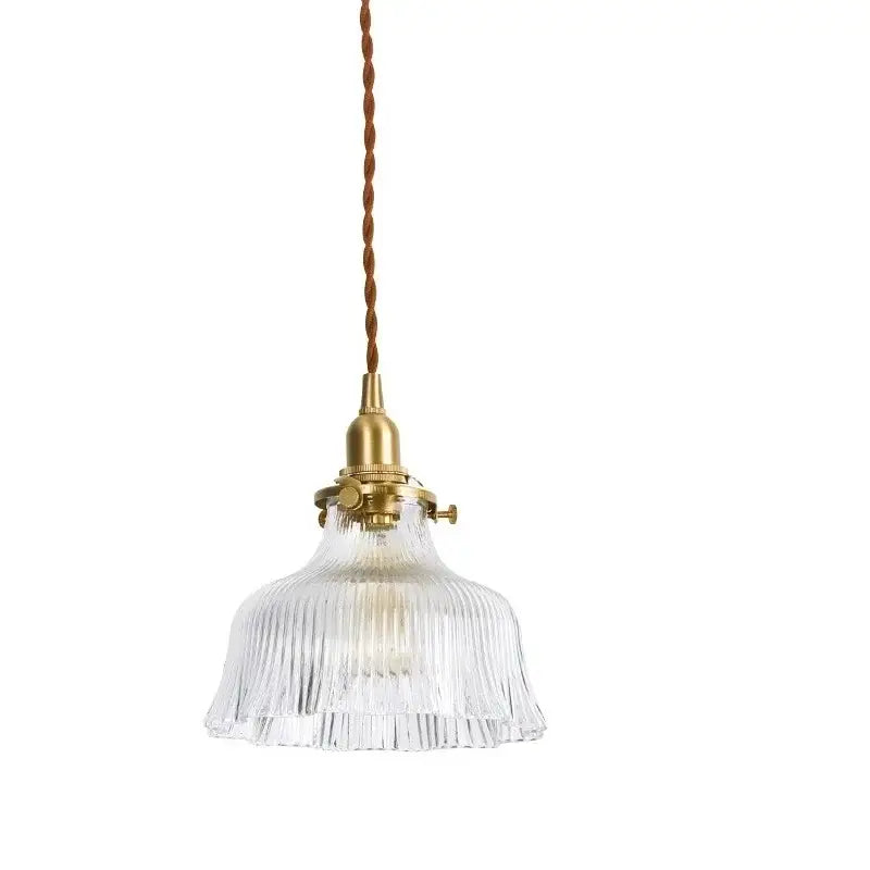 Vintage brass scalloped glass led pendant lamp featuring clear ribbed glass and twisted brown cord for bedroom lighting