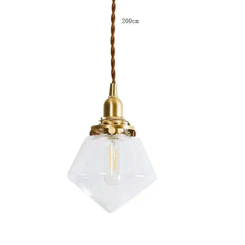 Vintage brass scalloped glass led pendant light with diamond-shaped glass and twisted brown cord for bedroom lighting