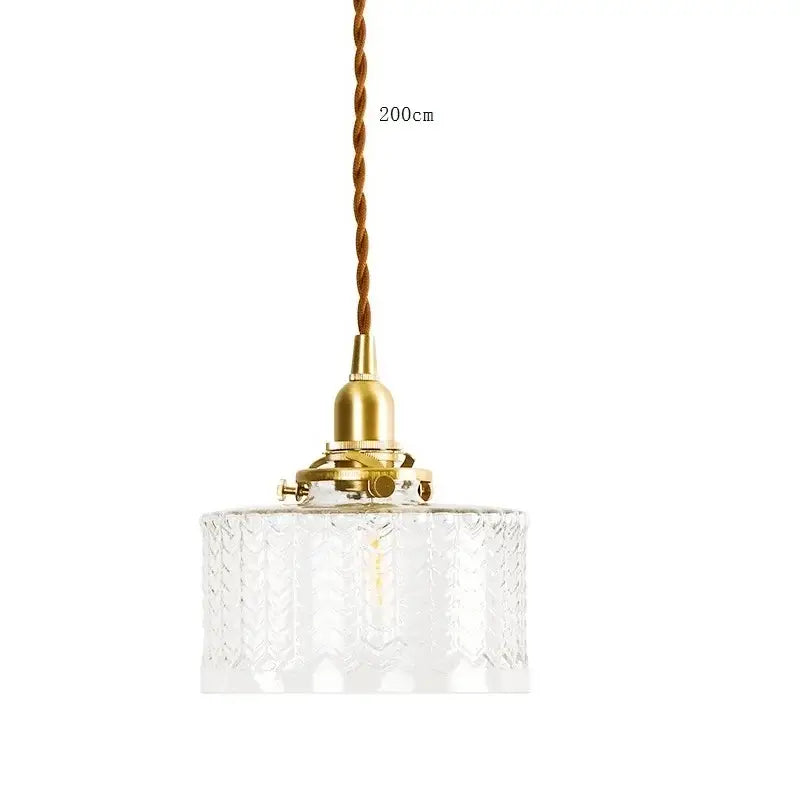 Vintage brass scalloped glass led pendant lamp with textured knitted pattern and twisted brown cord for bedroom lighting