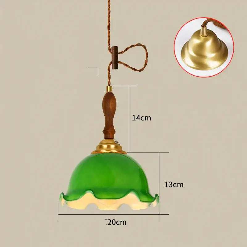 Vintage brass scalloped green glass led pendant lamp with wooden handle and brass accents for bedroom lighting pendant light