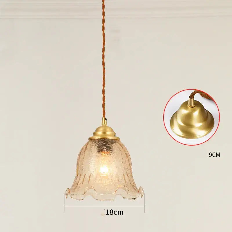 Vintage brass scalloped glass led pendant lamp with textured amber-tinted shade for bedroom lighting
