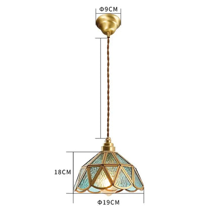 Vintage brass scalloped glass led pendant lamp with teal-tinted geometric panels for bedroom lighting pendant light