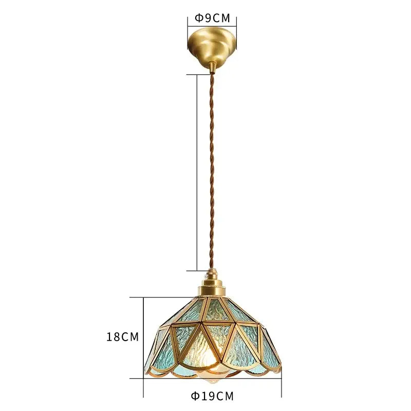 Vintage brass scalloped glass led pendant lamp with teal-tinted geometric panels for bedroom lighting pendant light