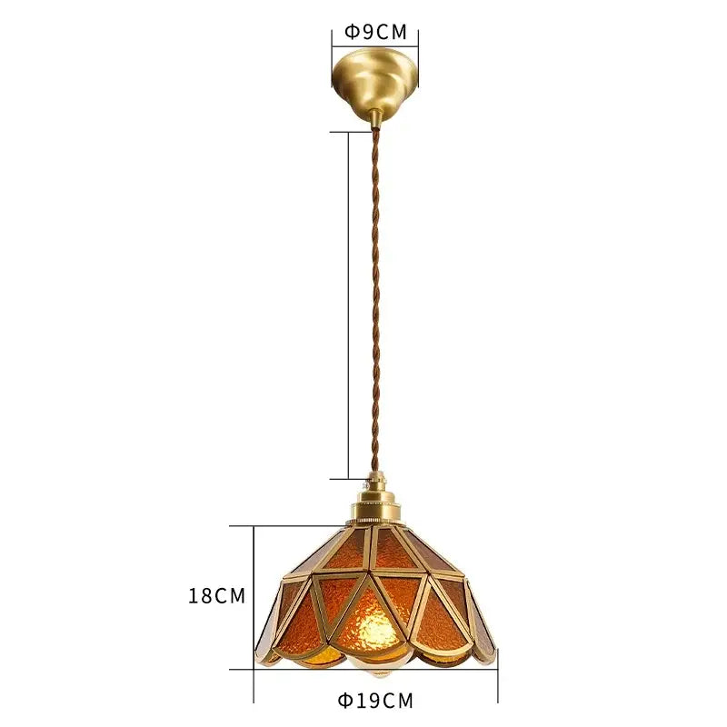 Vintage brass scalloped glass led pendant lamp featuring amber-tinted stained glass panels for bedroom lighting
