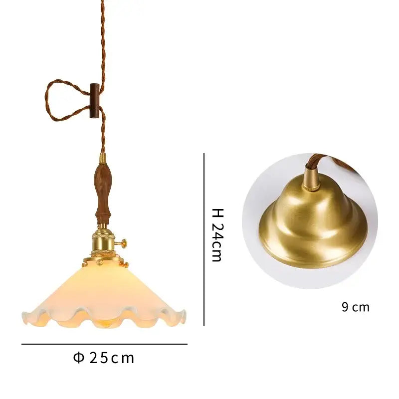 Vintage brass scalloped glass led pendant lamp with warm frosted shade and wooden handle for bedroom lighting