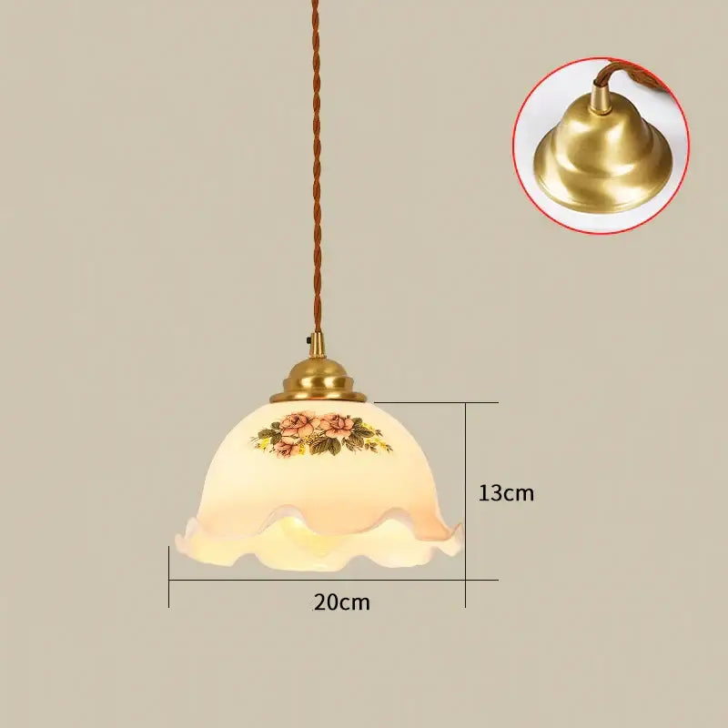 Vintage brass scalloped glass led pendant lamp with frosted floral shade and twisted brown cord for bedroom lighting