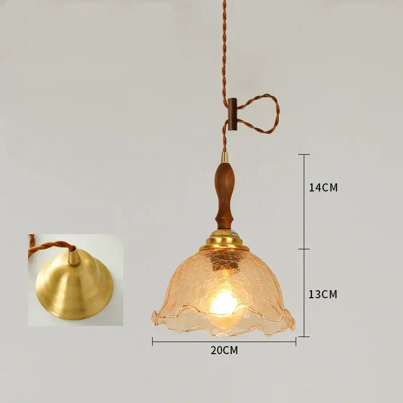 Vintage brass scalloped glass led pendant lamp with crackled warm-toned glass, wooden handle, and brass accents