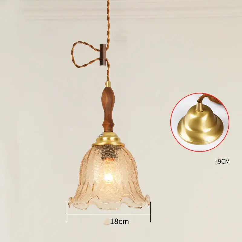 Warm-toned vintage brass scalloped glass led pendant lamp with textured amber shade for bedroom lighting