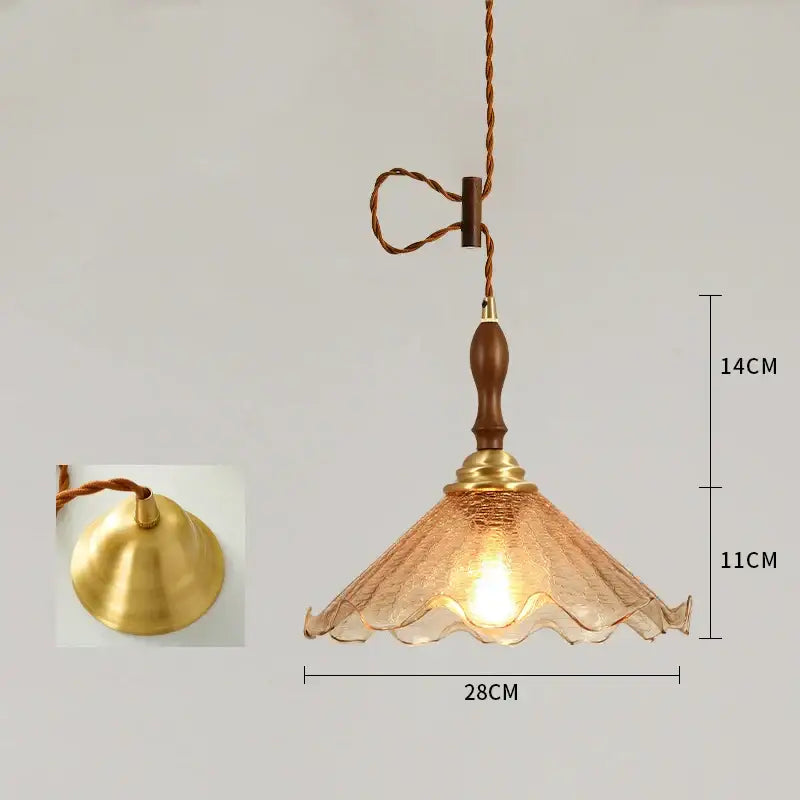 Vintage brass scalloped glass led pendant lamp with warm-toned textured glass, wooden handle, and brass accents for bedroom lighting
