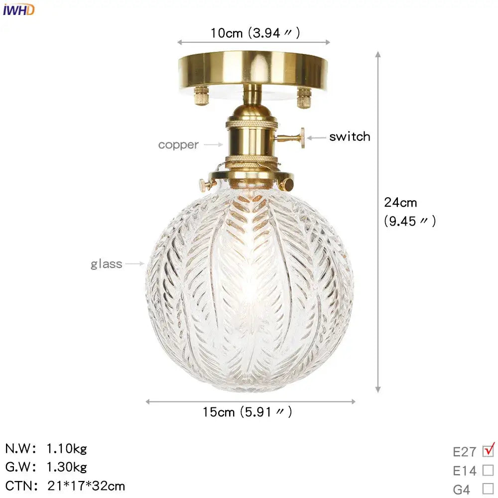 Vintage brass star glass copper ceiling light with clear globe pendant and leaf-patterned etched glass copper ceiling light
