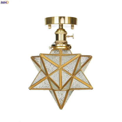 Vintage brass star glass copper ceiling light with gold finish and textured glass panels for bedroom use