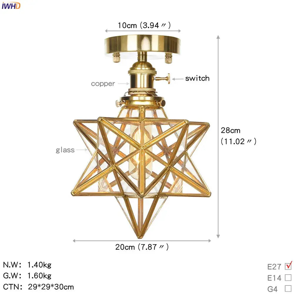 Vintage brass star glass copper ceiling light with gold-finished copper frame and e27 bulb socket for bedroom use