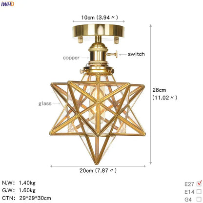 Vintage brass star glass copper ceiling light with gold-finished copper frame and e27 bulb socket for bedroom use