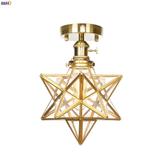 Vintage brass star-shaped ceiling light with clear glass panels copper ceiling light for bedroom illumination