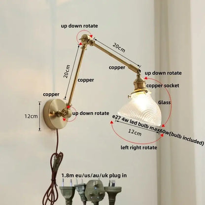 Adjustable copper vintage brass swing arm wall light fixture with textured glass shade for bedroom use