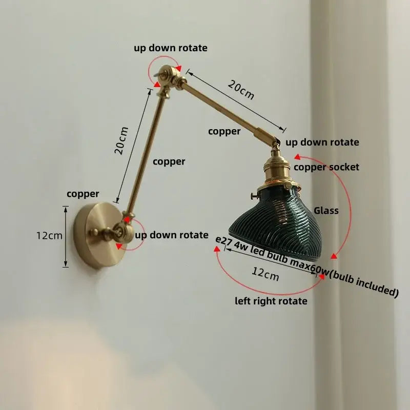 Adjustable copper vintage brass swing arm wall light fixture with dark green ribbed glass shade for bedroom use