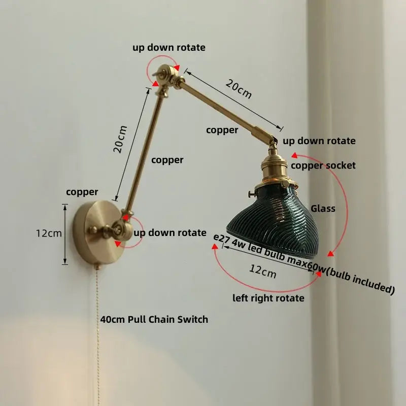 Vintage brass swing arm wall light fixture with adjustable copper arms and dark green ribbed glass shade sconce