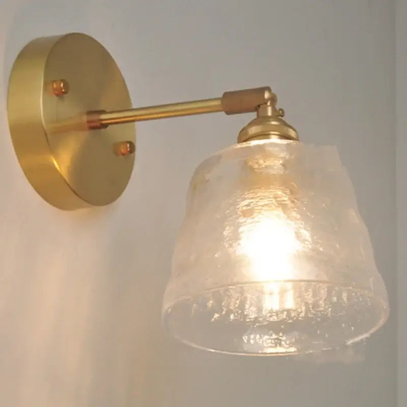 Vintage brass textured glass wall lamp with translucent clear glass shade and pull chain for bedroom led wall decorbites