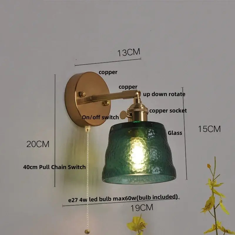 Vintage brass led wall lamp with copper finish and textured green glass shade for stylish bedroom decorbites clear glass