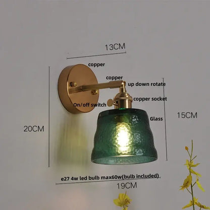 Copper-finished vintage brass textured glass wall lamp with green shade and pull chain led wall lighting decorbites clear glass