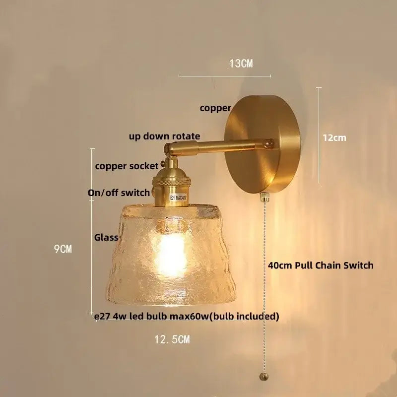 Copper-finished led wall lamp with textured amber glass shade and 40cm pull chain switch for bedroom decorbites clear glass