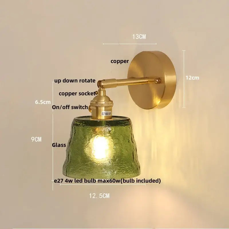 Vintage brass textured glass wall lamp with green textured glass shade and brass copper-finished mount for led wall use