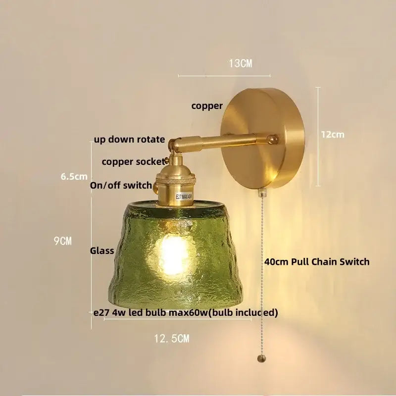 Vintage brass wall lamp with green textured glass lampshade and pull chain switch ideal for led wall decorbites clear glass