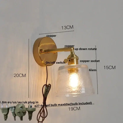 Vintage brass textured glass wall lamp with copper accents and led wall lighting for bedroom decorbites clear glass use