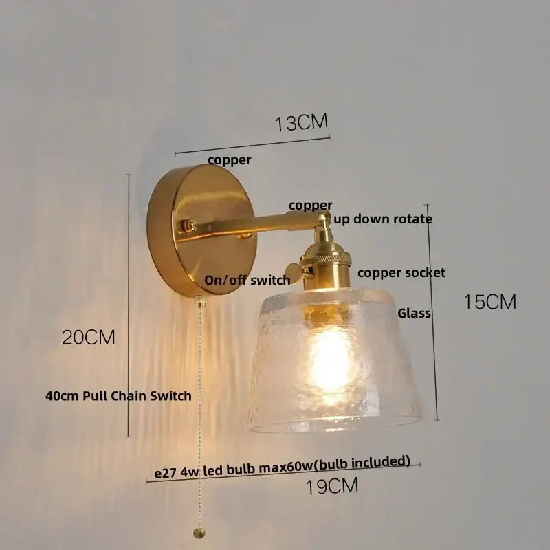 Vintage brass wall lamp with textured glass shade and e27 led bulb ideal for bedroom decorbites clear glass style