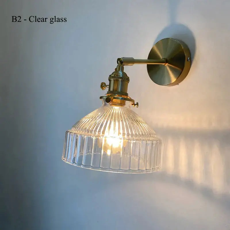 Vintage brass wall lamp with clear ribbed glass shade and brass hardware for living room wall lamp glass shade led