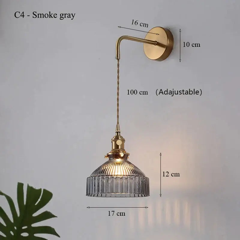 Vintage brass wall lamp with smoke gray ribbed glass shade led for living room lighting and decor